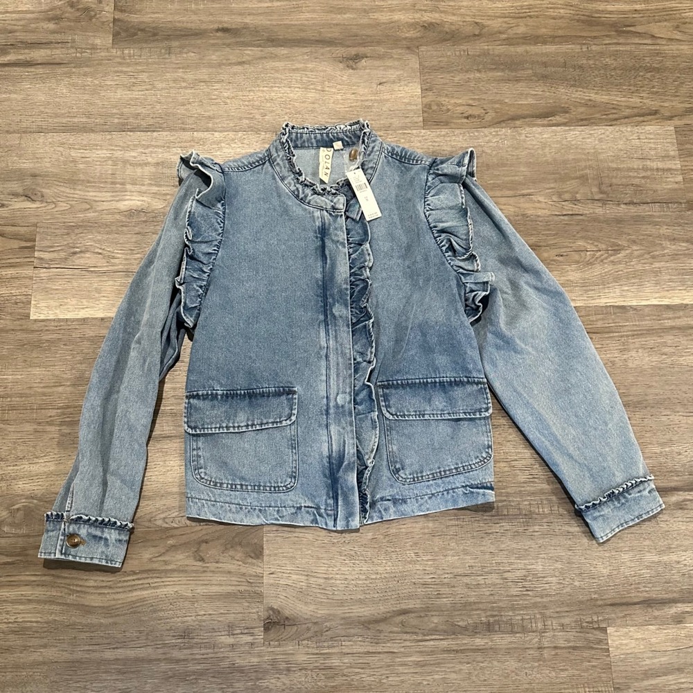 NWT Dolan Left Coast Ruffle Denim Jacket Blue Zip Front Anthropologie Womens M